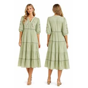 Fig + Flower Sage Green Embroidered Boho Tiered Cottagecore Dress Medium